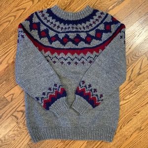 Vintage Hand Made Wool Sweater Nordic Fair Isle Heavy Knit Gray Navy Oversize L